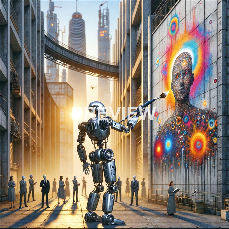 A humanoid robot is painting a colorful, abstract portrait of a human figure on a large urban wall, with a cityscape and skyscrapers in the background during sunset.